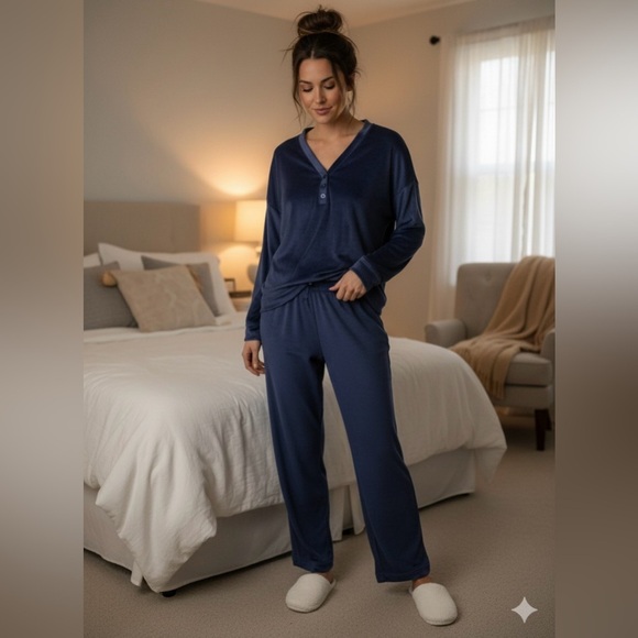 Roudelain Other - Roudelain Long Sleeve Ribbed Velour Pajama Top Peacoat   Size L Soft Cozy